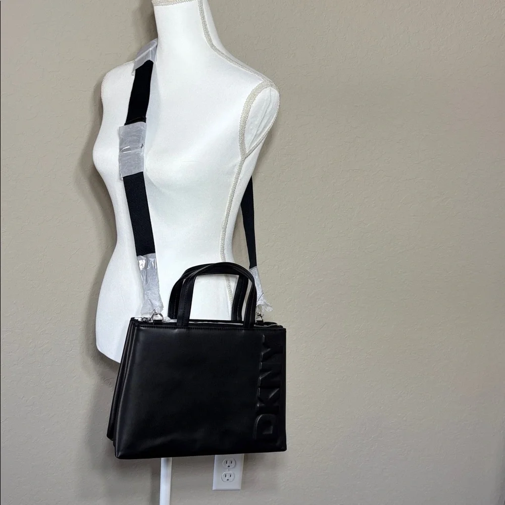 DKNY Tinsley Logo Embossed Medium Black Satchel/Crossbody Bag. NWT